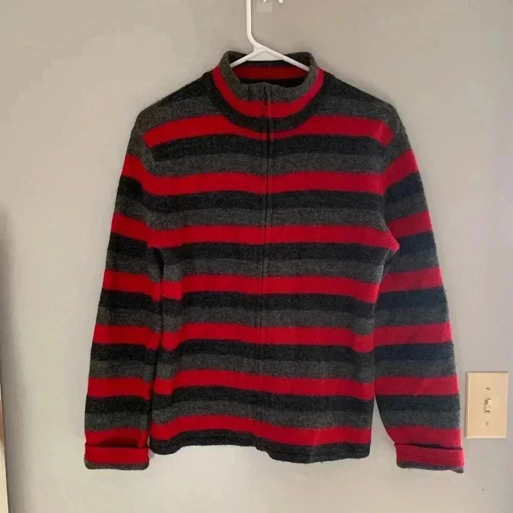 Woman’s Talbots Black & Red Striped 100% Wool Long Sleeve Zip Up Jacket Size S